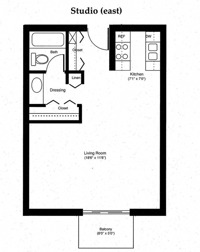 Floor plan for studio, 1 bath, 525 sqft